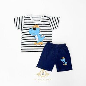 NWT Cute Boys Matching Set Kids T-shirt & Shorts 2-Piece Dino Skater Dude 9-12M